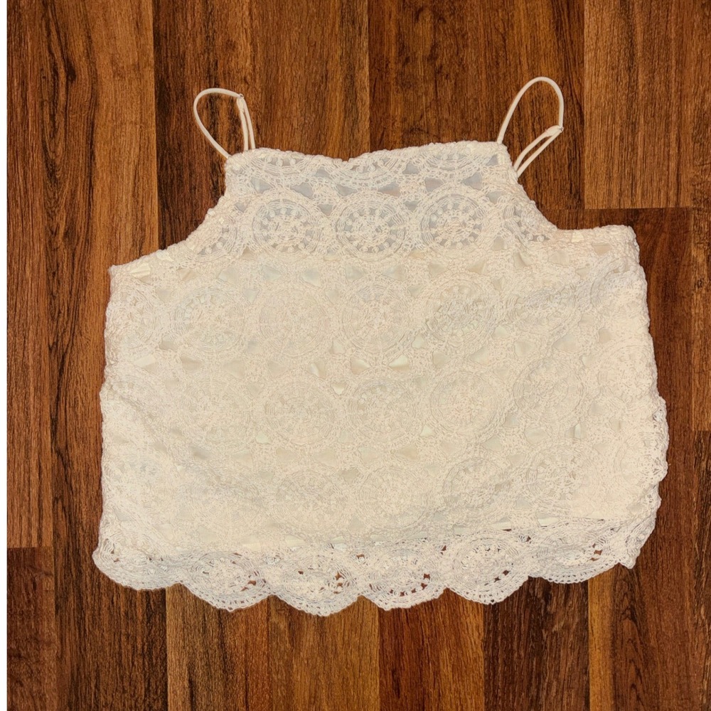 LOFT Womens Cream Floral Crochet Lace Cami Top Scalloped Hem Size Medium